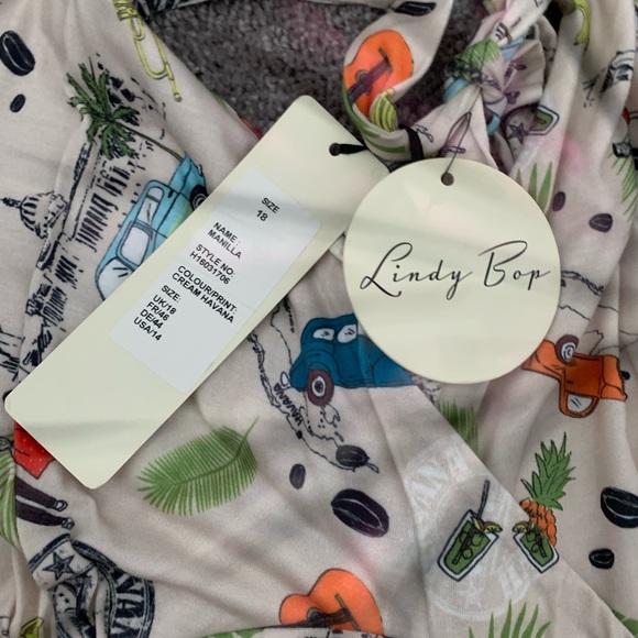 NWT Lindy Bop Cream romper babydoll halter tie back Tiki Print Dress elastic - Picture 2 of 11